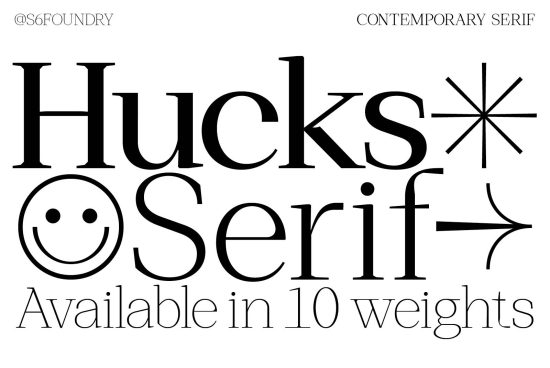 Contemporary Hucks Serif font display for designers, showcasing different weights and playful elements, available in 10 styles.