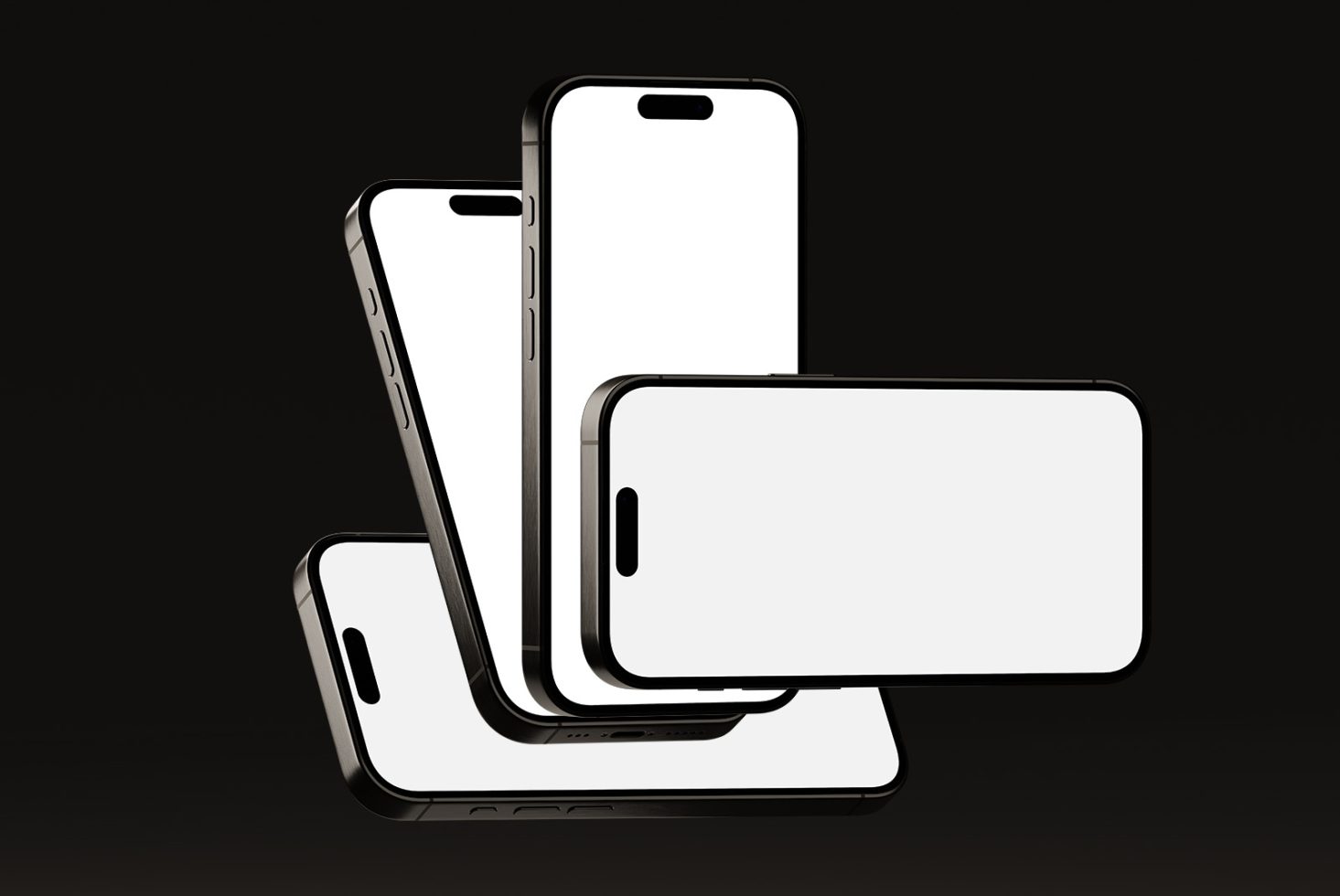 Three modern smartphones mockup in isometric view with blank screens for design presentation, set against a dark background.