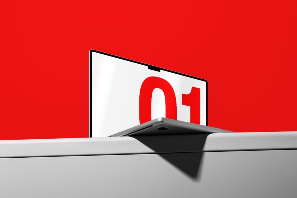 Phone mockup showing bold red 01 numeral on bright red background