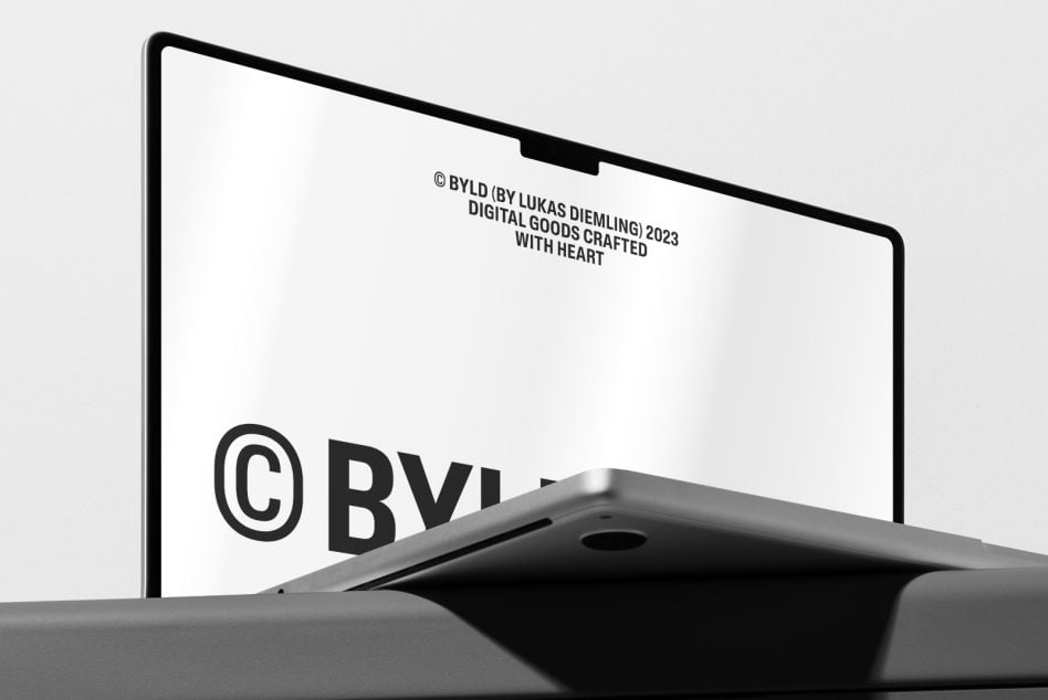 Laptop displaying BYLD branding with copyright text on white screen