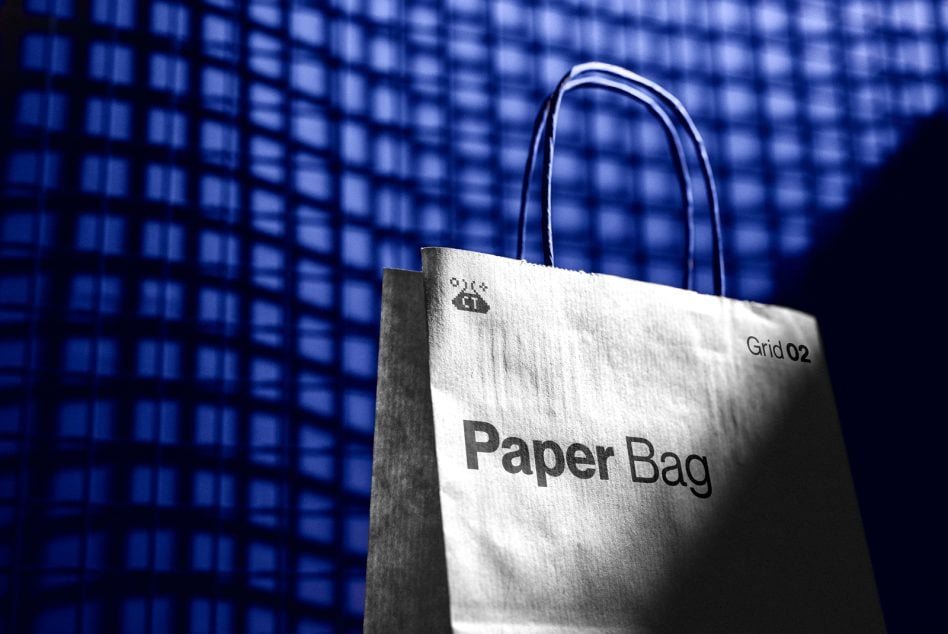 White paper bag with dark text, rope handles, blue grid pattern background