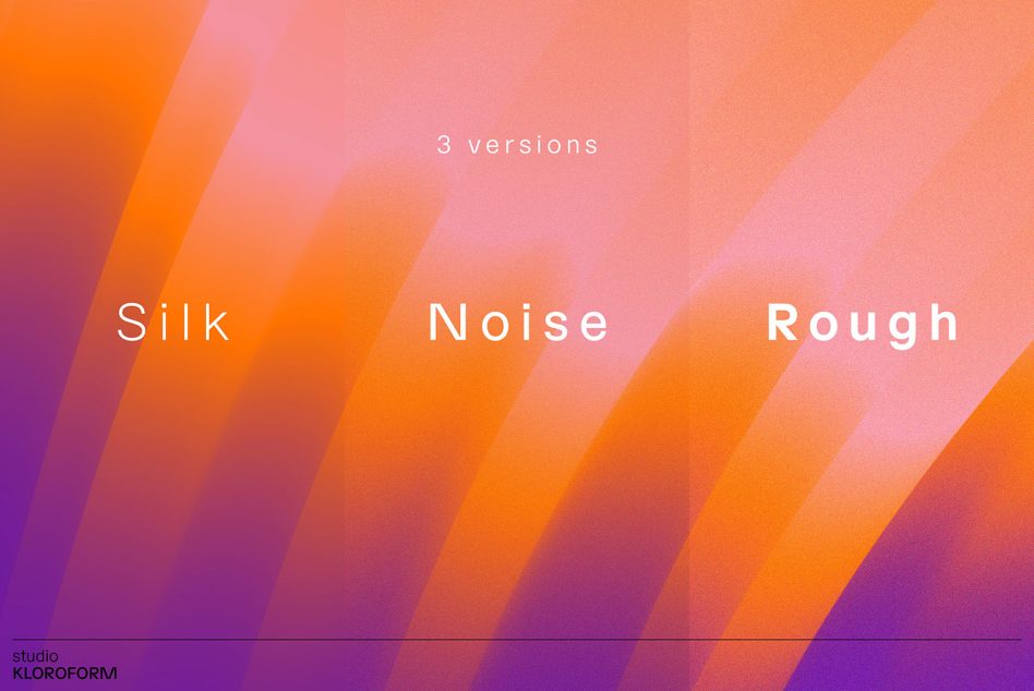 Colorful gradient texture samples displaying silk, noise, and rough variants for designers, by studio KLOROFORM, useful for graphics and templates.