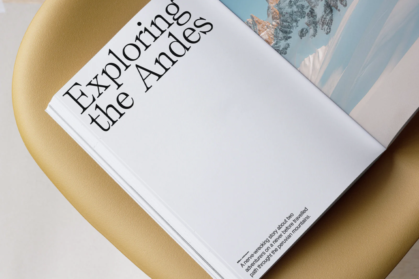 Elegant magazine mockup with a cover titled Exploring the Andes, showcasing modern font design and layout, ideal for presentations.