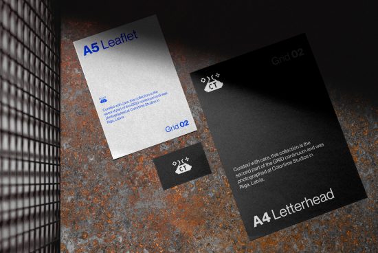 A5 leaflet and A4 letterhead stationery mockup on rustic texture, design presentation, corporate branding mockups, templates for designers.