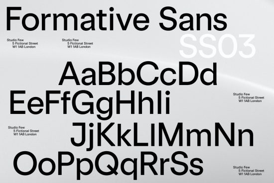 Monochrome font showcase for Formative Sans typeface featuring letters A to Z with studio details on white background for designers and typographers.