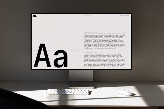 Modern minimalist computer setup showcasing a font design preview with large and small lettering for designers, ideal for font marketplace listing.