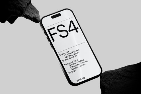 Hands holding phone mockup showing FS4 typeface release information