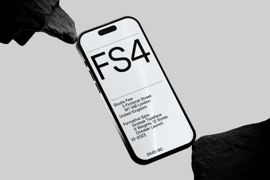 Smartphone screen showcasing modern typeface design, black and white mobile mockup, creative font presentation for designers.