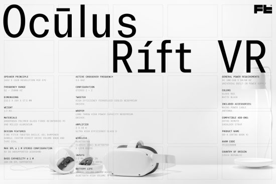 Stylish Oculus Rift VR headset mockup with technical specification overlay, ideal for virtual reality design presentations and marketing.