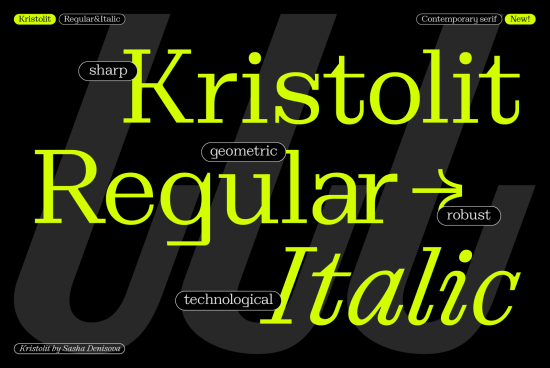 Promotional graphic showcasing the Kristolit font family with keywords: contemporary serif, geometric, sharp, robust, technological for designers.
