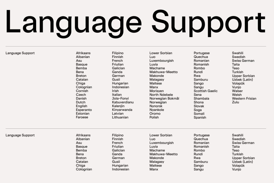 Font template showing various languages support for global design projects, includes large title text and list of supported languages.