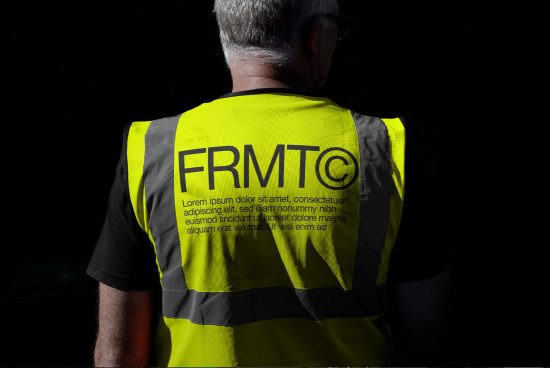 Worker in high-visibility vest mockup, rear view, showcasing logo and sample text, ideal for safety gear design presentations.