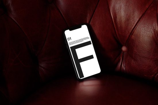 Smartphone screen showcasing font design on a vintage leather armchair, ideal for mockups and typography presentations for designers.