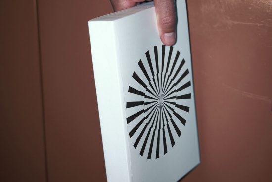 Hand holding a book with abstract radial design cover, potential mockup for graphic designers, print showcase, minimalist book design.