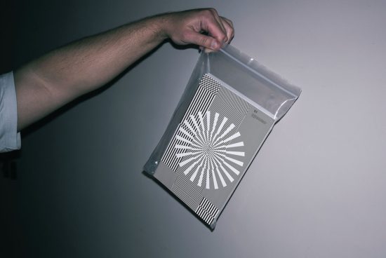 Person holding a clear plastic bag with a modern graphic design print, potential mockup for presentations.