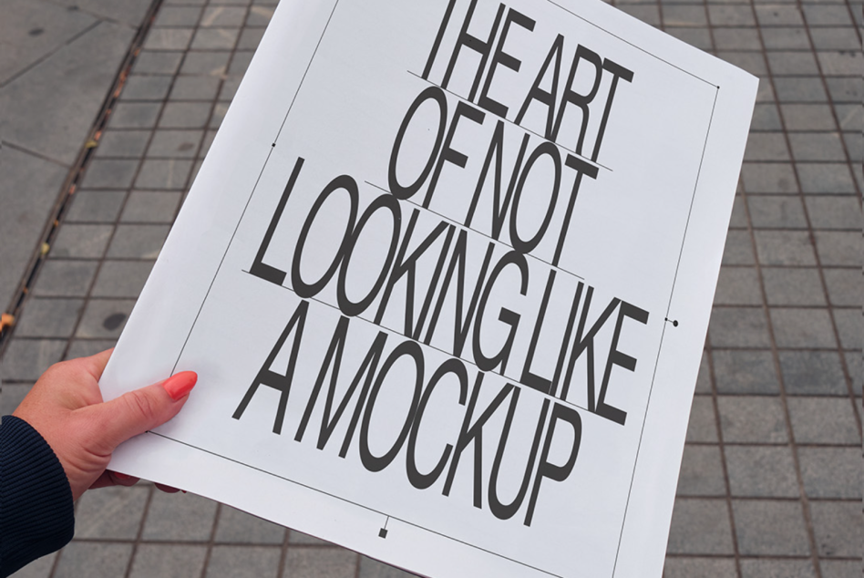 Hand holding a paper with bold typography design, ideal for Mockup category, showcasing creative font layout for designers.