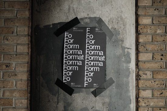 Poster mockup taped to a gritty urban concrete and brick wall, showcasing bold typography design, ideal for font and graphic display.