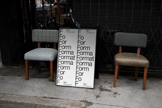 Vintage chairs beside typographic poster showcasing various font sizes, ideal for mockup and graphic design resources.