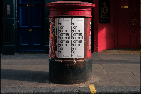 Vintage red British postbox with posters, blue door background, urban street mockup for fonts and graphics display, ideal for designers.