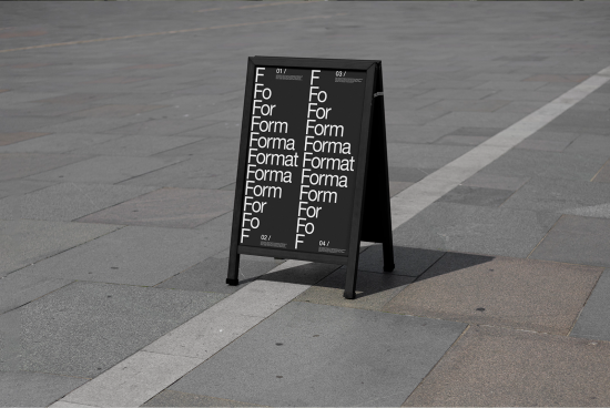 Outdoor signage mockup with progressive text scaling on A-board, ideal for showcasing font designs and branding in urban settings.