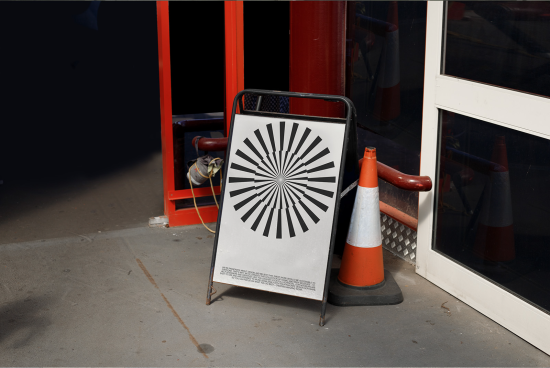 Urban street scene with a black A-frame signage mockup featuring a radial design, flanked by traffic cones near a shopfront.