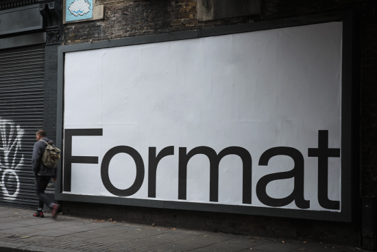 Urban billboard mockup with a passerby and bold word "Format" depicted, ideal for showcasing typography or advertising designs in a realistic setting.