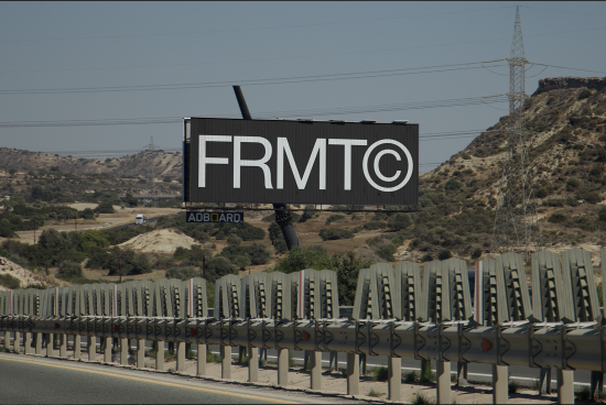 Billboard mockup on a sunny hillside beside a highway, showcasing bold text design, ideal for graphic presentations and advertising designs.
