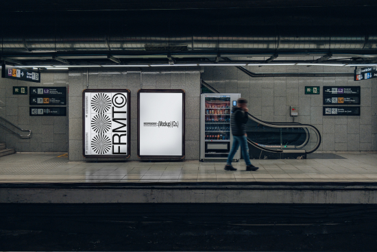 Subway station advertisement mockup display with walking person, design presentation, urban marketing, ad space visual, editable template.