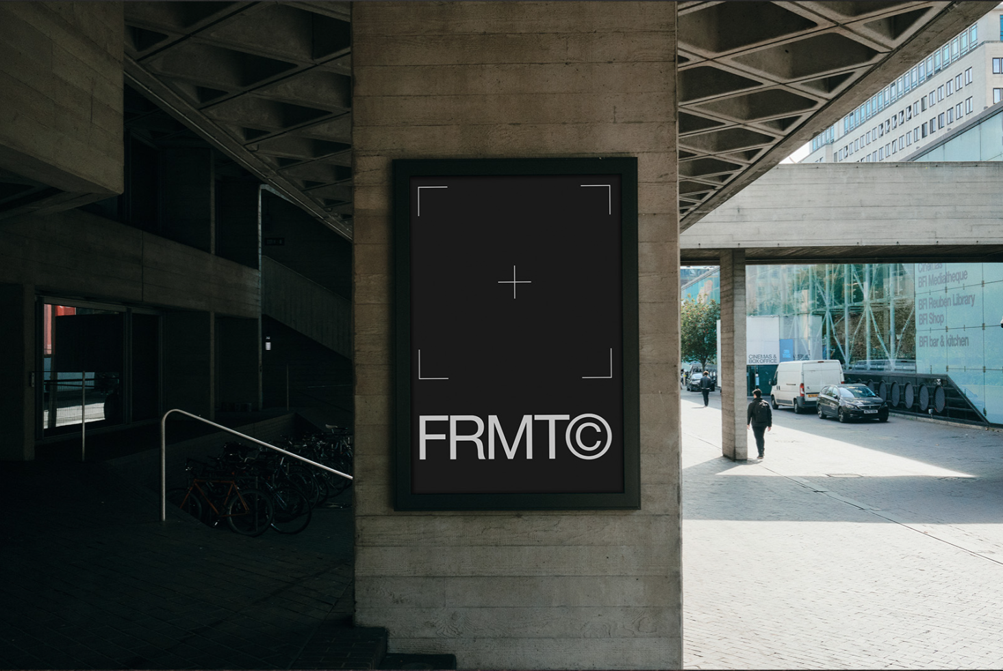 Urban poster mockup on building pillar, realistic shadows, daylight setting, outdoor advertising display graphic design template.