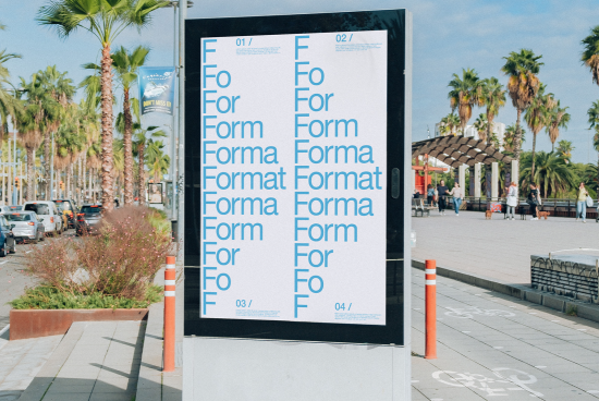 Outdoor poster mockup featuring a typography design concept displayed in an urban setting with palm trees and walking pedestrians.