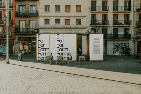 Urban outdoor exhibition with typography banners perfect for mockup designs, showcasing font graphics in a realistic setting for designers.