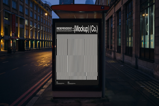 Urban bus stop billboard mockup at twilight with editable design space for advertising, stylish graphic presentation for designers.