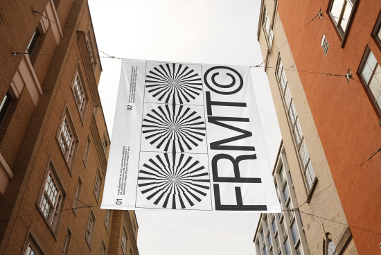 Urban banner mockup hanging between buildings with bold graphic design, perfect for presenting outdoor advertising and typographic work to clients.