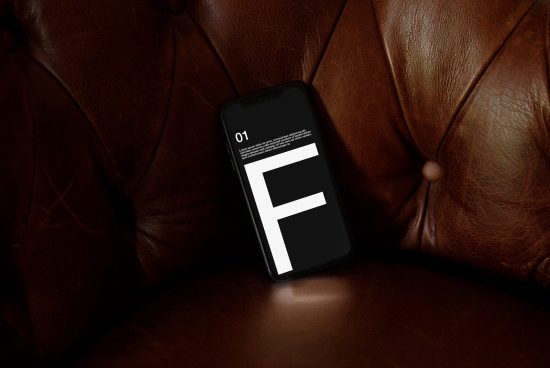 Smartphone mockup showcasing font design on screen, placed on a textured brown leather couch, ideal for designers' presentations.