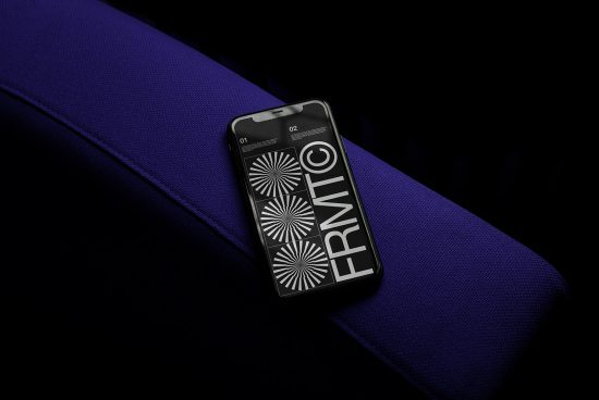 Smartphone on purple fabric displaying graphic design, ideal for mockup presentations by designers, showcasing UI/UX design and app screens.