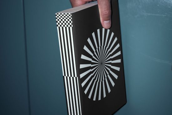 Hand holding a black notebook with abstract geometric design, featuring stripes and radial patterns, perfect for mockup graphics.