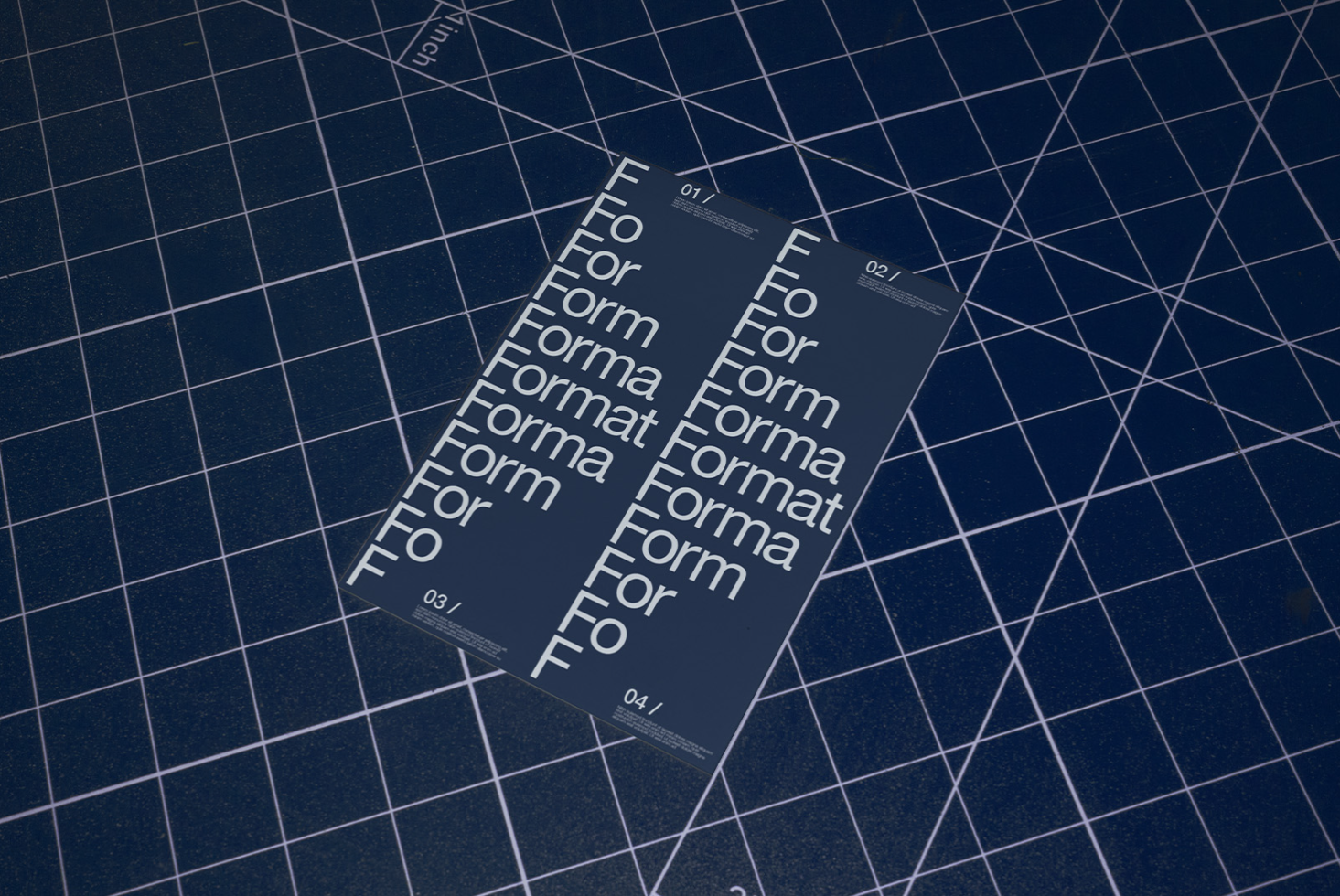 Elegant font presentation on paper sheets lying on a blue grid surface mockup, perfect for typeface design showcase, graphic design assets.