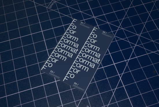 Elegant font presentation on paper sheets lying on a blue grid surface mockup, perfect for typeface design showcase, graphic design assets.
