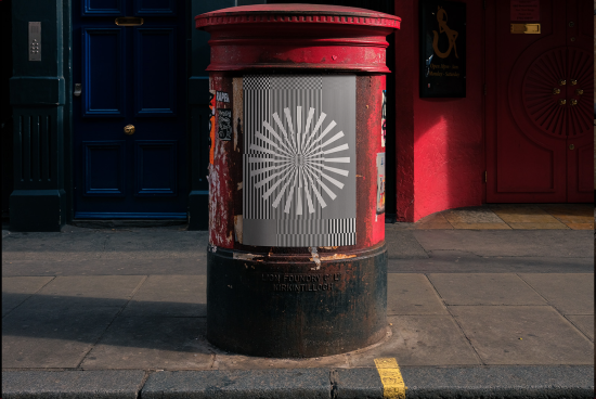 Traditional red British postbox with weathered stickers and urban textures suitable for mockup backgrounds or graphic elements.