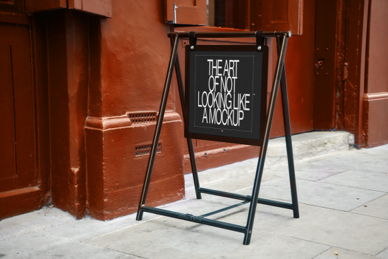Sidewalk signboard with stylish typography mockup, urban setting, ideal for outdoor advertising design presentation.