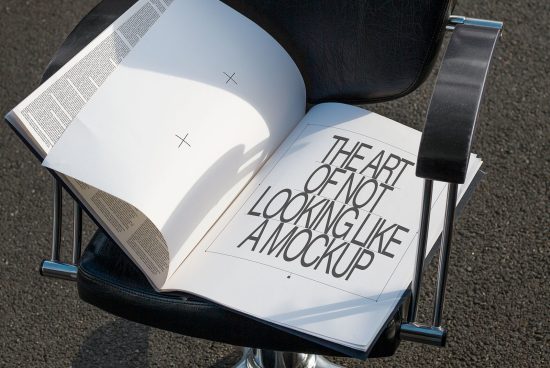 Open book on chair displaying bold typography design, perfect for mockup and graphic design inspiration for designers.