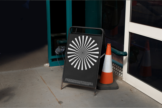 Street signage mockup with radial design in urban setting, ideal for presenting branding, graphics, and visual identity designs.
