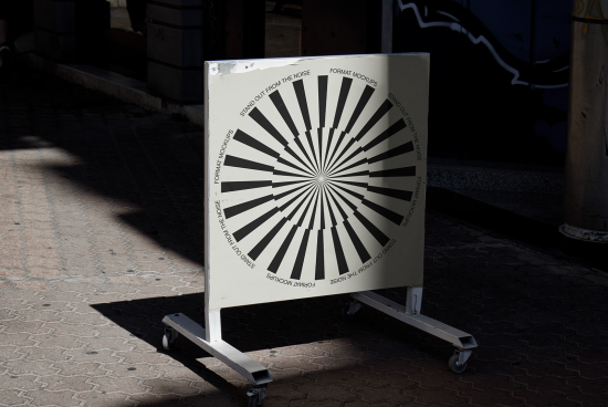 Outdoor advertising mockup on wheels featuring a dynamic black and white radial design with text for commercial design display.