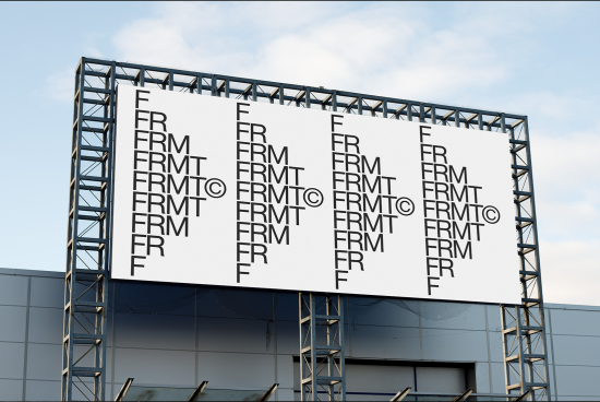 Billboard mockup displaying black and white typographic design with repeated letters, ideal for font presentation, on a blue sky background.