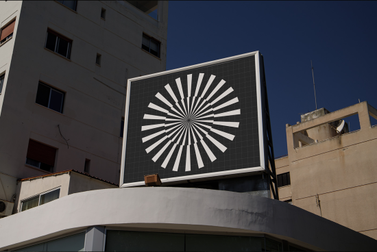 Urban billboard with geometric optical illusion graphic, clear sky backdrop, ideal for mockup designs and advertising presentations.
