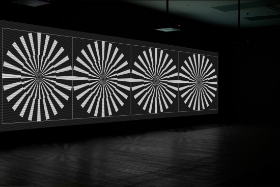 High-contrast graphic display with radial patterns, ideal for dynamic mockup backgrounds or visual effects in dark settings for designers.