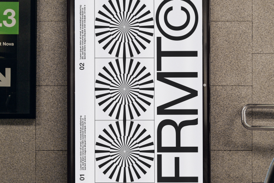 Eye-catching graphic poster design with bold typography and radial patterns displayed in an urban setting, perfect for mockup and design inspiration.