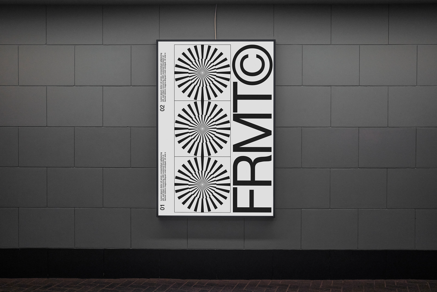 Wall poster mockup with abstract pattern design hanging in a modern interior with dark tiles, ideal for branding presentations and graphic designs.