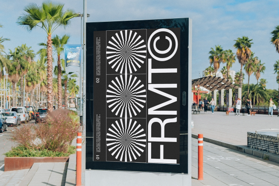 Urban billboard mockup featuring black poster with bold typographic design, set against a backdrop of palm trees and street scene.