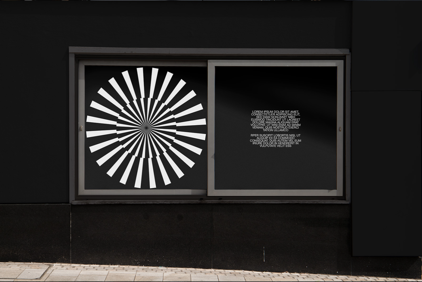 Window poster mockup in urban setting with radial design, ideal for presenting graphics or advertising content to clients in a real-world context.